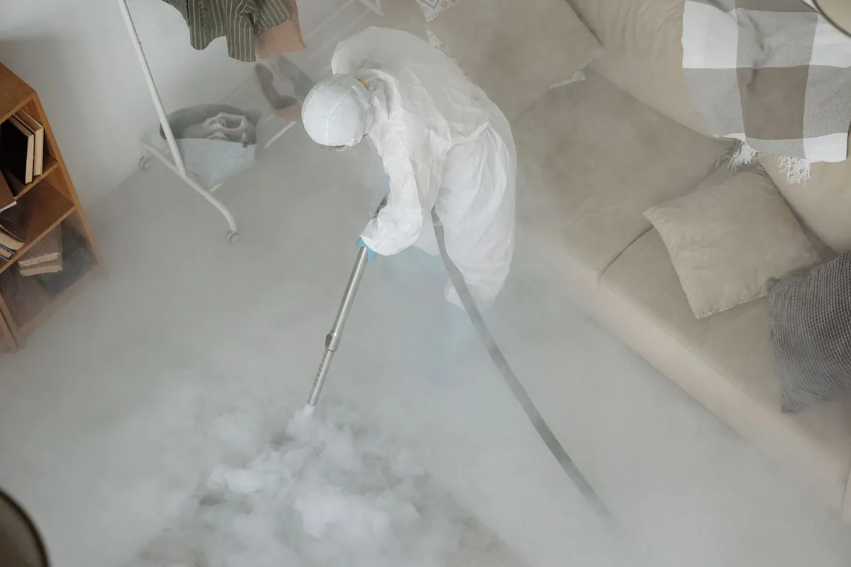Biohazard cleanup technician in protective equipment, Cedar Hills, UT